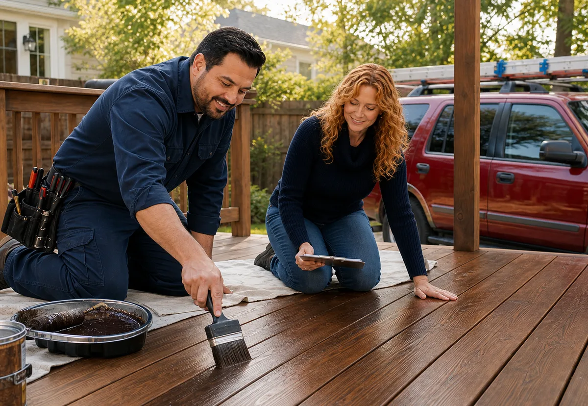 Quick Fix Handyman owners staining a backyard deck with the red work truck nearby