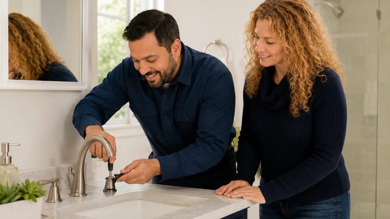 Close-up faucet repair service at a bathroom or kitchen sink