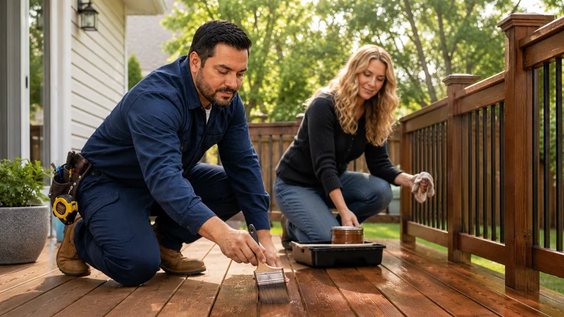 Handyman repairing a kitchen faucet while a homeowner watches beside him.