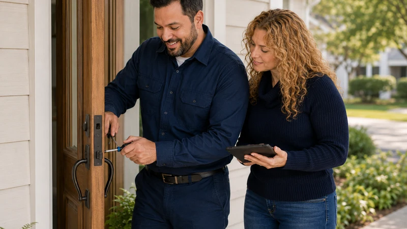 Handyman servicing a front door lock and handle hardware