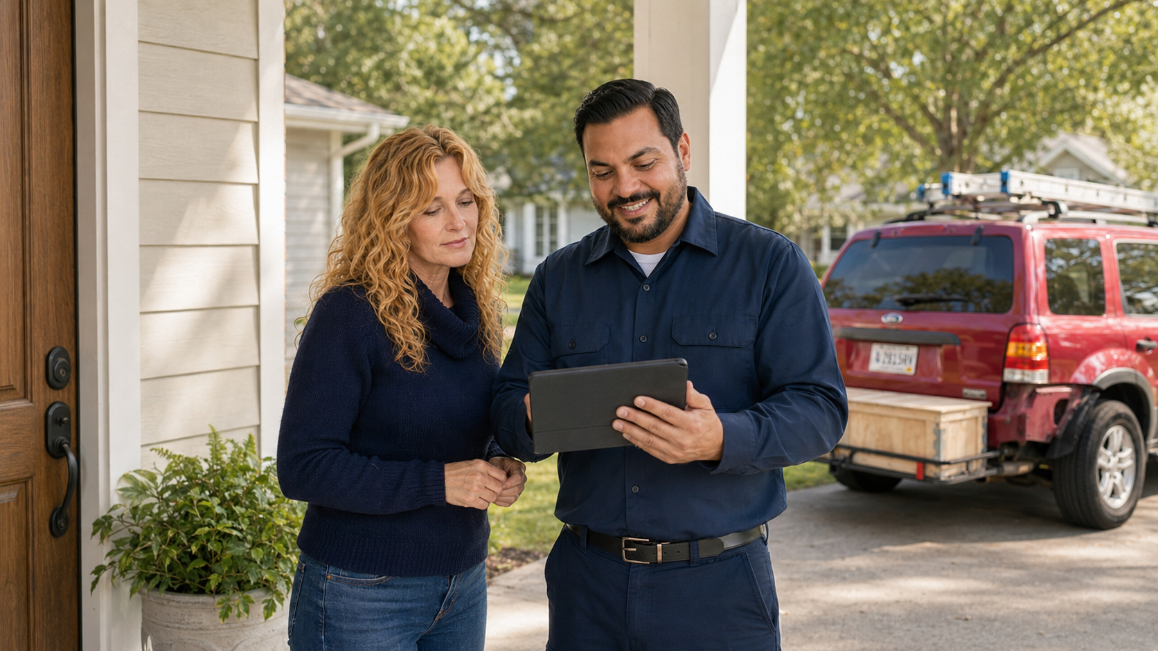 Quick Fix Handyman team reviewing a home project estimate on a front porch