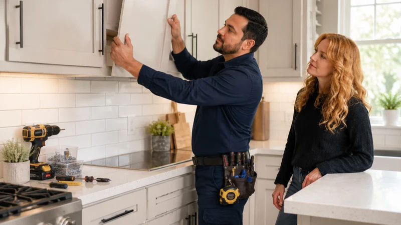 Handyman adjusting and reinstalling a white kitchen cabinet door while a homeowner watches.